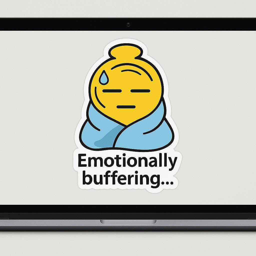 Emotionally Buffering – Funny Deadpan Emoji Sticker, Digital Download, Burnout Humor, Mental Health Gift