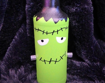 Upcycled Green Halloween FRANKENSTEIN Monster Wine Bottle Decor w/ Neck Bolts