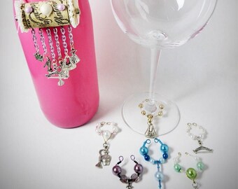 GIRLY FASHION PRINCESS Themed Wine Glass Charms & Cork Bottle Ornament