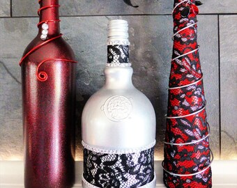Red, Silver, Black Wire Wrapped Wine & Liquor Bottles w/ Black Lace, Rhinestones