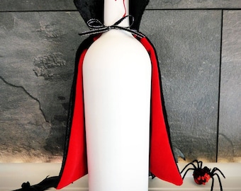 Upcycled Halloween Dracula Vampire Wine Bottle Decor w/ Velvet Cape & Bite Marks