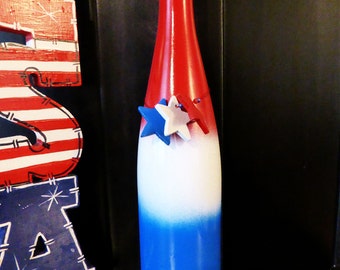 July 4th Red, White & Blue TIE-DYE Wine Bottle Decor w/ Wooden Stars