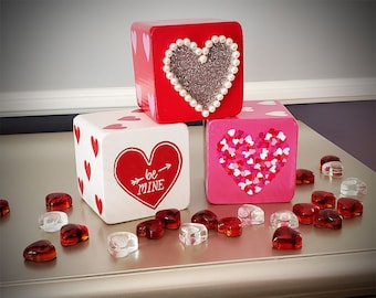 Wood Yardzee Jumbo VALENTINE'S DAY Hearts Lawn Giant Yard DICE w/ Faux Pearls & Glitter - Yahtzee, Bunco, Home Decor