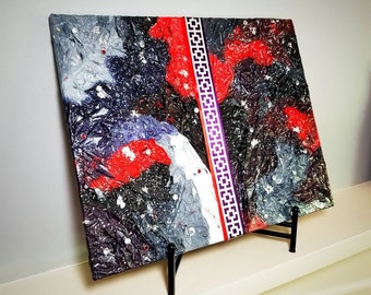 Red, Purple, Black Textured Tissue Paper & Metal Sparkly Collage Mixed Media Art "Discover" 16x20