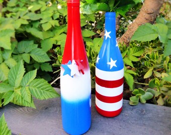 July 4th Red, White & Blue TIE-DYE or American FLAG Wine Bottle Decor w/ Wooden Stars, Flowers