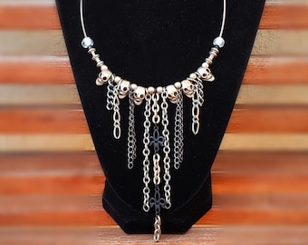 Guitar String Skull Necklace w/ Chains, Tibetan Silver & Fleur des Lis