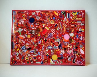 Original Red & Multi-Color Abstract Wimmelbilderbuch Style Acrylic Painting 9" x 12" "Shape it Up"