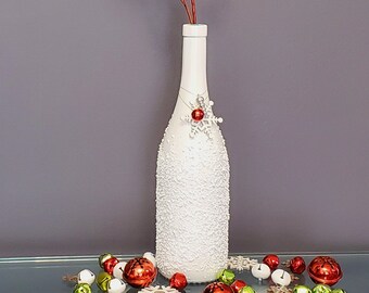 Upcycled White Snowflake Christmas Holiday Wine Bottle Decor