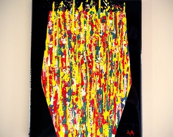 Original Multi-Color Abstract Acrylic Drip Painting 11" x 14" "Bubbly" Champagne Glass