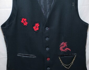 Men's Black Bespoke Dragon Vest w/ Patches, Chains & Red Celtic Knot Sz. L