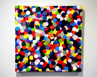 Original Multi-Color Geometrical Abstract Dots Acrylic Painting 14" x 14" "Molecules"