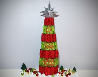 Unique Red & Green Ribbon Christmas Tree w/ Silver Star Topper 21"