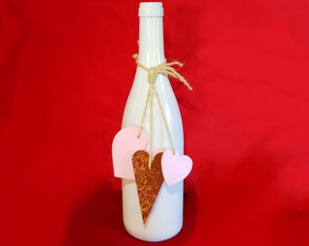 VALENTINE'S DAY White Wine Bottle Decor w/ Wooden Hearts & Twine