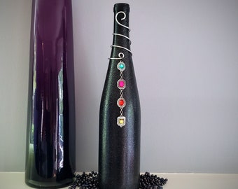 Silver Wire Wrapped Black Sparkly Wine Bottle w/ Multi-Colored Gemstone Pendant