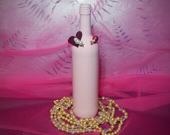 VALENTINE'S DAY Pink Wine Bottle Decor w/ Metal Heart, Wire & Beads