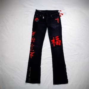 ASIAN Inspired Black Jeans w/ Red Chinese Characters, Cherry Tree, Patches, Brocade, Yin Yang, Dragon, Embellishments & More