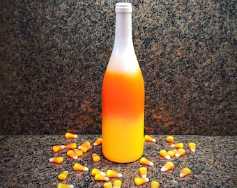 Upcycled Thanksgiving, Halloween, Harvest, Fall Candy Corn Tie Dye Wine Bottle Decor