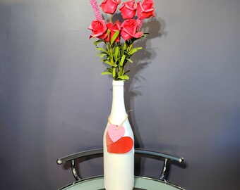 VALENTINE'S DAY White Wine Bottle Decor w/ Wooden Hearts, Twine & Silk Roses