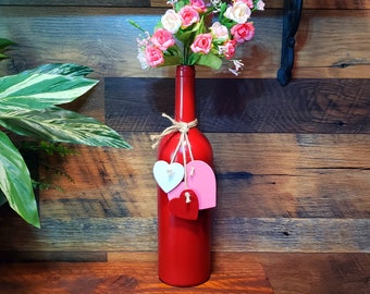 VALENTINE'S DAY Red Wine Bottle Decor w/ Wooden Hearts & Silk Flowers