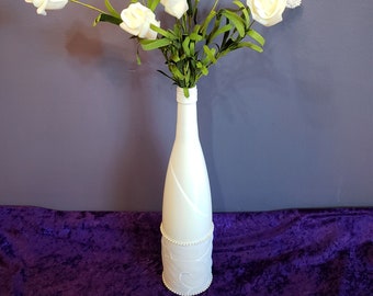 White Wedding Wine Bottle w/ Artificial Roses, Chiffon & Faux Pearls