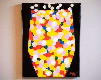 Pintura acrílica de cristal de champán con puntos abstractos geométricos multicolores originales 11" x 14" "Bubbly 2"