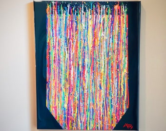 Origineel meerkleurig abstract acryl druppelschilderij 16 "x 20" "Celebration" champagneglas