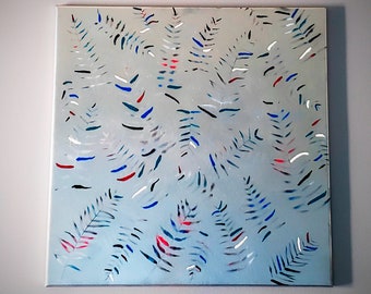 Original Multi-Colored Abstract Leaves on Silver Acrylic Painting "Leaf Me Alone" 24" x 24"