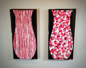 Original Geometrical Abstract Hurricane Glass Acrylic Drip & Dots Diptych Paintings 12" x 24" "It's Daiquiri Time!"