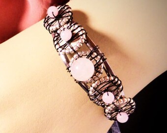 Pink Stone & Silver Ball Bead Wire Cuff Bracelet