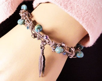 GUITAR STRING & Turquoise Beaded BRACELET w/ Feather Charms