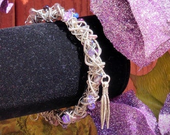 GUITAR STRING & Purple Beaded BRACELET w/ Feather Charms