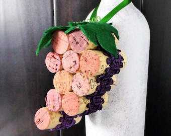 Grape Cluster Wine Bottle Cork Ornament w/ Ribbon & Leaves