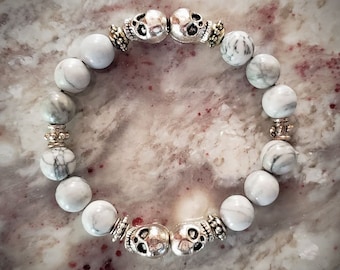 White & Gray Marbled Glass Beads w/ Tibetan Silver Skulls BRACELET