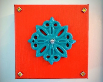 Orange Canvas Wall Decor w Moroccan Teal Jeweled Medallion Mixed Media Boho Art