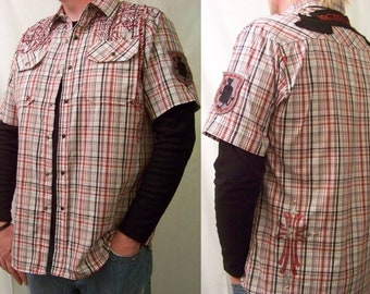 Men's Red Plaid Beaded, Embroidered Button-Down Shirt w/ Cross, Patches & More!  Sz M