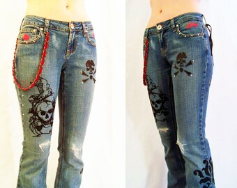 Skull Rock Jeans w/ Fleur de Lis, Leather, Studs, Wallet Chain, Patches & Embellishments