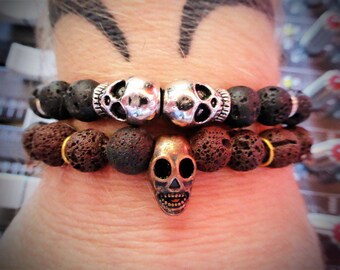 Black Lava Beads w/ Tibetan Silver Skulls BRACELET