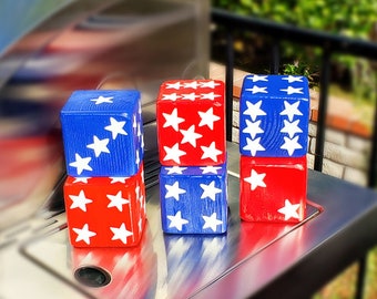 Wood Yardzee Jumbo Red & Blue JULY 4th Stars Giant Lawn Yard DICE - Yahtzee, Bunco, Home Decor