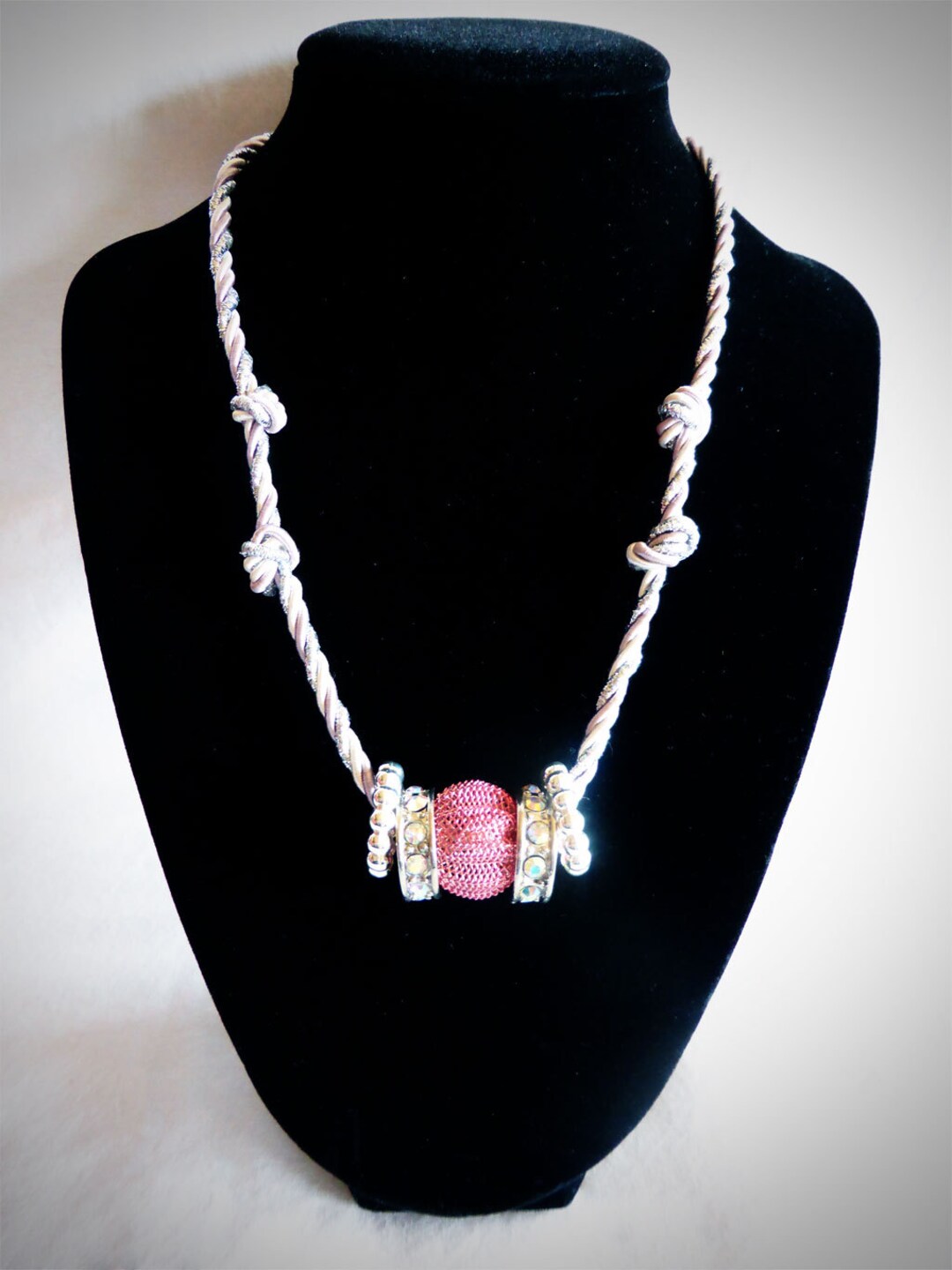 Pink and Silver Beaded & Knotted Cord Rope Necklace W/ Rhinestones - Etsy