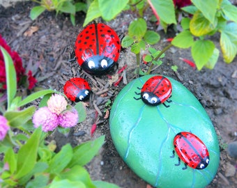 Handpainted 7" x 5" Rock LADYBUGS on a Rock Leaf Pop Art