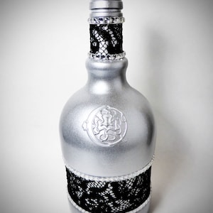 Silver & Black Lace Wrapped Liquor Bottle Decor w/ Rhinestones
