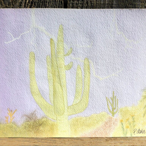 Original Nature Landscape w/ Cactus & Lightening Watercolor Painting 8.5" x 11"