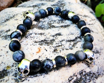 Black & Gray Agate Stone Beads w/ Tibetan Silver Skulls BRACELET