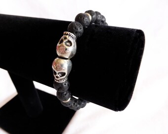 Black Lava Beads w/ Tibetan Silver Skulls BRACELET