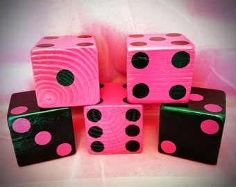 Wood Yardzee Jumbo Hot Pink & Black Giant Lawn Yard DICE - Yahtzee, Bunco, Farkle, Home Decor