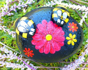 Handpainted 6.5" x 4" Rock Bees on a Rock w/ Flowers Pop Art