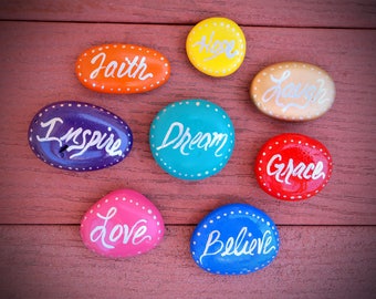 8 Multi-Colored Inspirational Words Hand Painted Rocks - Dream, Love, Hope, Faith, Grace, Inspire, Believe, Laugh