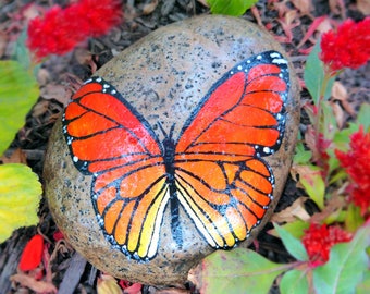 Large Handpainted Orange Monarch BUTTERFLY ROCK Pop Art