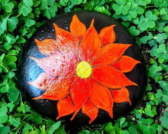Handpainted 5" x 4.5" Orange Floral FLOWER ROCK Pop Art