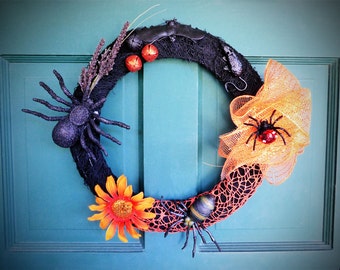 Spooky Halloween Door Wreath w/ Spiders, Orange Web, Rat & Bat